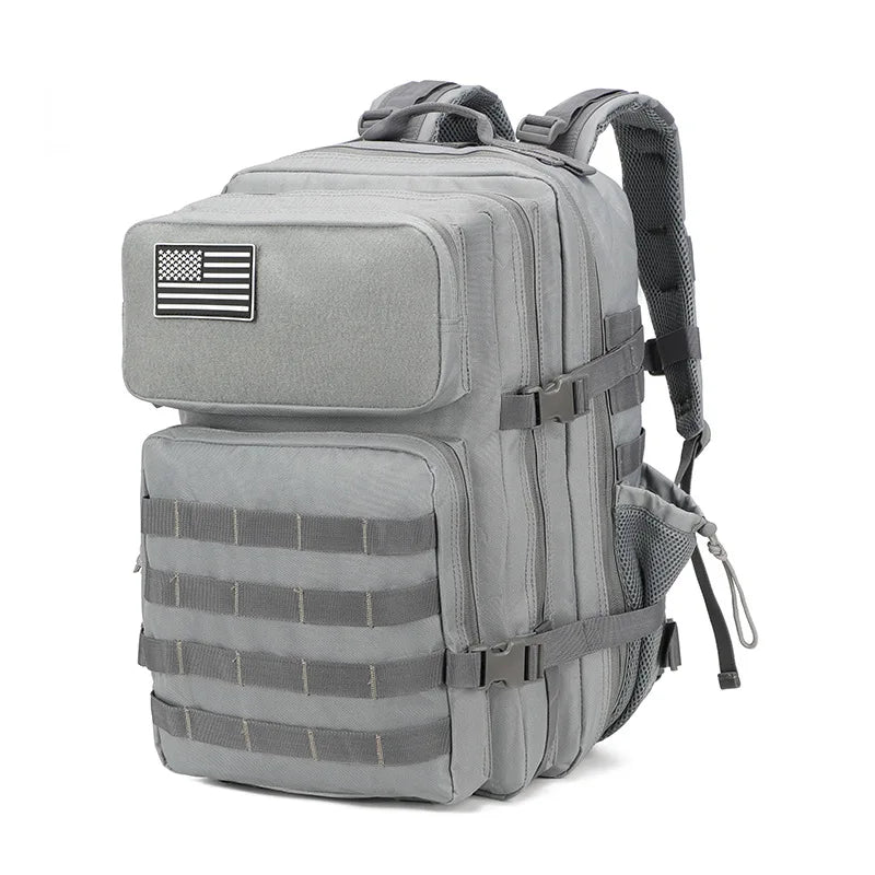 Mochila tactica militar gris 45L con sistema MOLLE impermeable para aventura y viaje