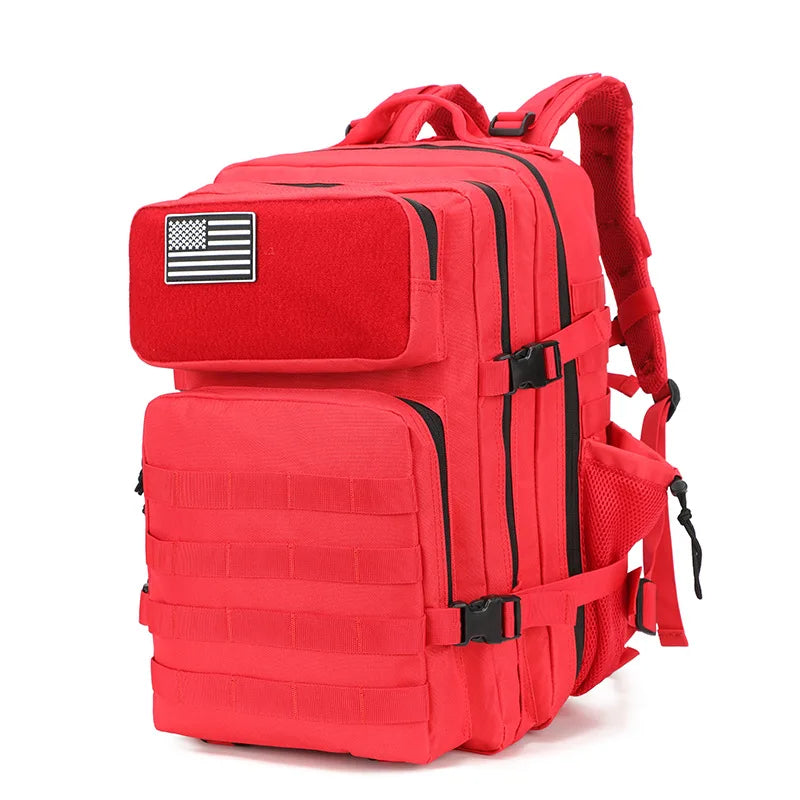 Mochila tactica roja 45L con sistema MOLLE impermeable ideal para outdoor y uso urbano